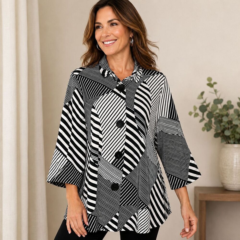 Joseph Ribkoff Black White Geometric Stripe Swing Top Button Up Slinky Knit 10